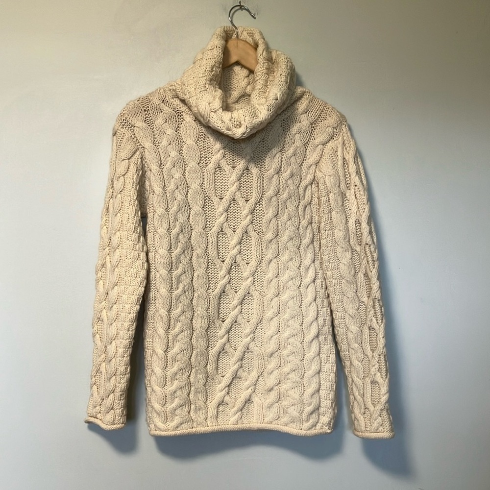 Aran Sweater Market 100% Merino Wool Cozy Cable Knit Turtleneck Sweater
